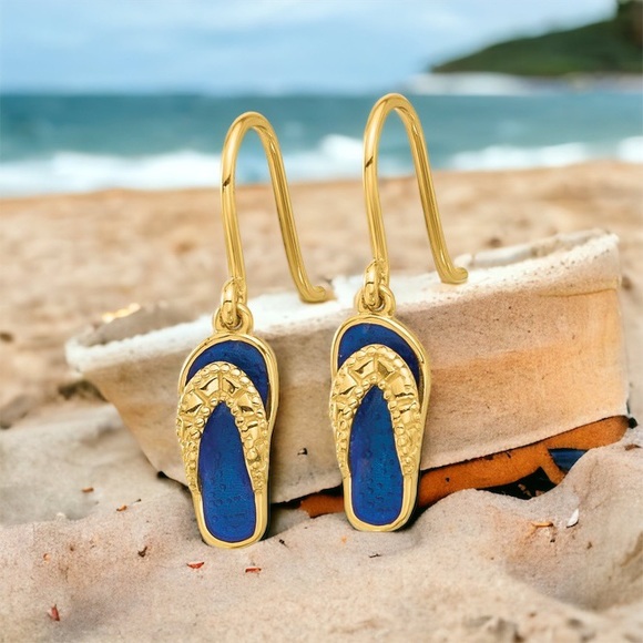 blue enamel 14k Flip Flop Dangle Drop Earrings Shepard’s hook textured - Picture 1 of 5